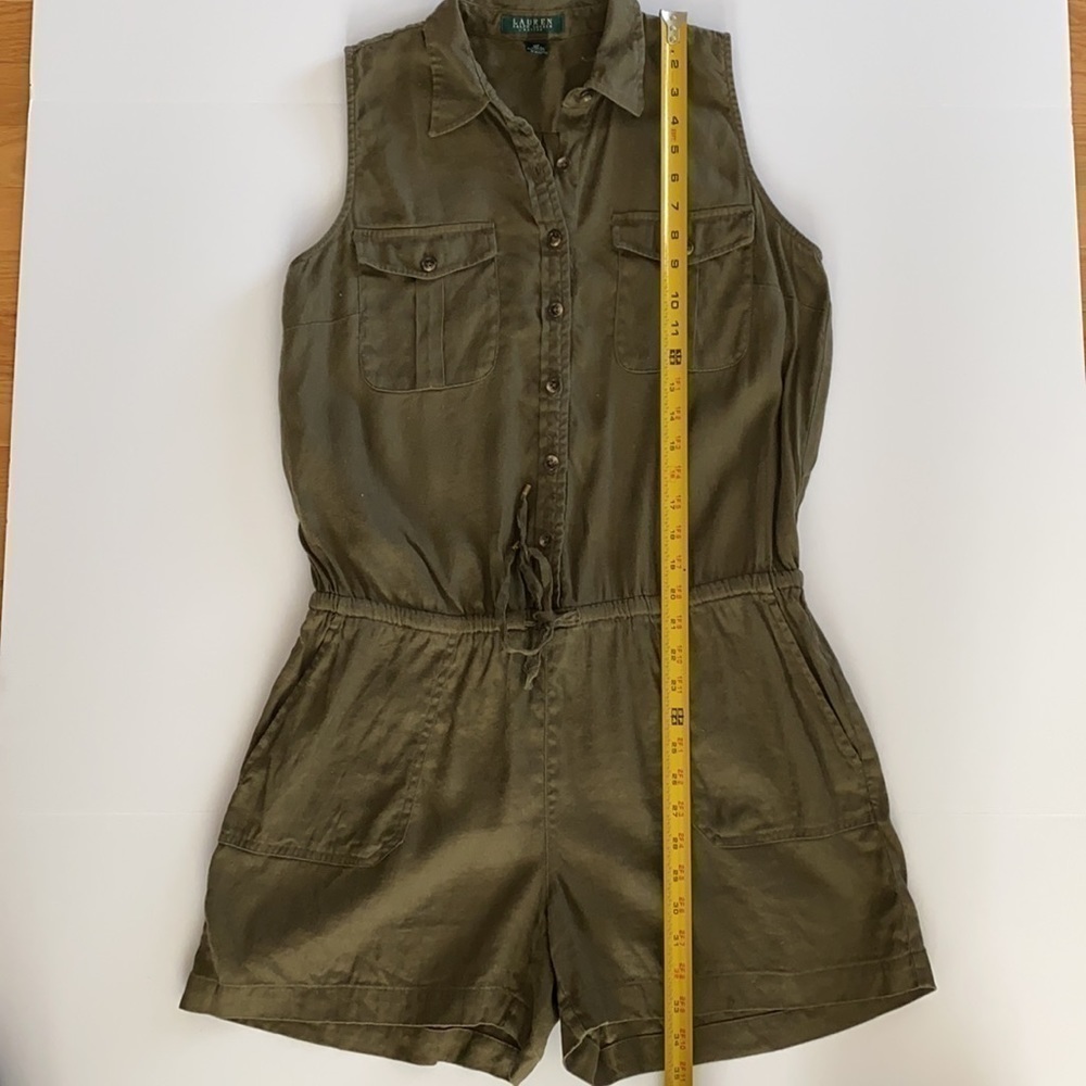Ralph Lauren Army Green Linen Blend Shorts Romper Size 12 Petite - Picture 8 of 12